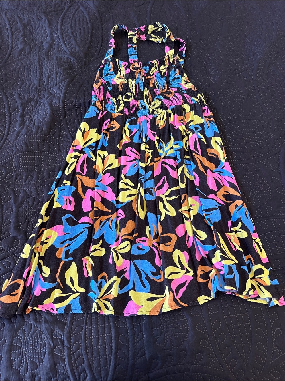 Hurley Black Halter Dress with Pink, Blue, Yellow and Orange Floral Print NWOT